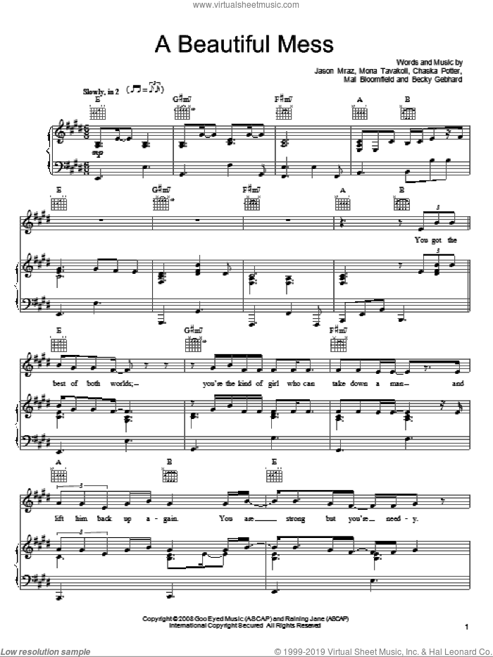 A Beautiful Mess sheet music for voice, piano or guitar by Jason Mraz, Becky Gebhard, Chaska Potter, Mai Bloomfield and Mona Tavakoli, intermediate skill level