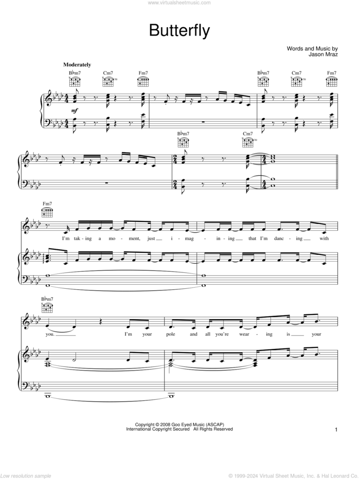 Butterfly sheet music for voice, piano or guitar by Jason Mraz, intermediate skill level