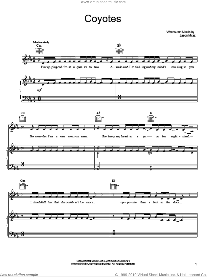 Coyotes sheet music for voice, piano or guitar by Jason Mraz, intermediate skill level