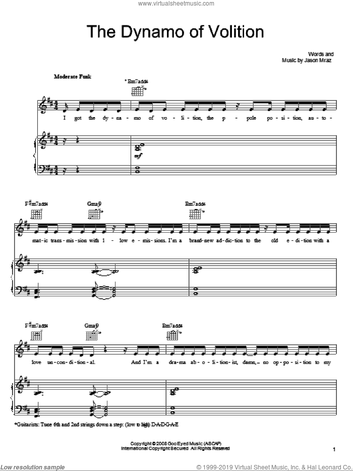 The Dynamo Of Volition sheet music for voice, piano or guitar by Jason Mraz, intermediate skill level