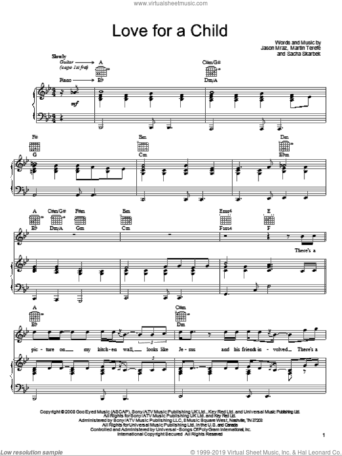 Love For A Child sheet music for voice, piano or guitar by Jason Mraz, Martin Terefe and Sacha Skarbek, intermediate skill level