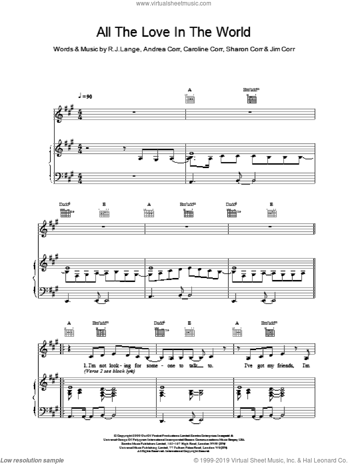 All The Love In The World sheet music for voice, piano or guitar by The Corrs and Robert John Lange, intermediate skill level