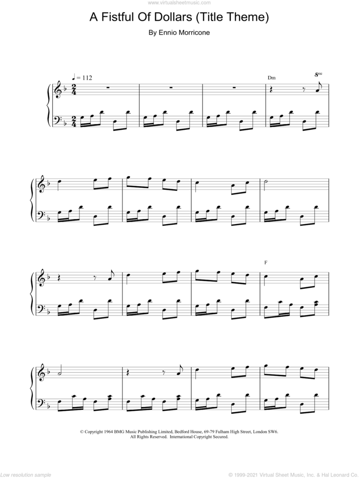 A Fistful of Dollars (Title Theme) sheet music for piano solo by Ennio Morricone, intermediate skill level