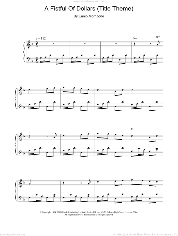 A Fistful of Dollars (Title Theme) sheet music for piano solo by Ennio Morricone, intermediate skill level