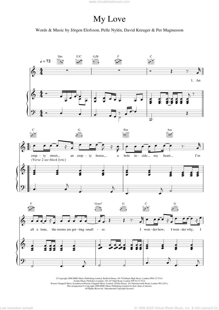 My Love sheet music for voice, piano or guitar by Pelle Nylen, Westlife, ELOFSSON and KREUGER, intermediate skill level