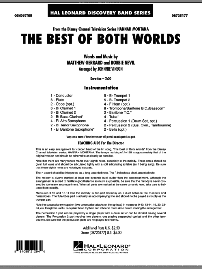 The Best Of Both Worlds (Theme from Hannah Montana) (COMPLETE) sheet music for concert band by Johnnie Vinson, Hannah Montana, Matthew Gerrard and Robbie Nevil, intermediate skill level