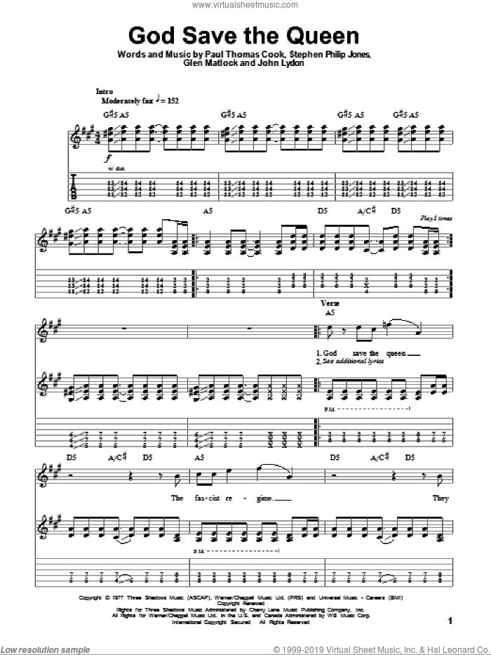 God Save The Queen sheet music for guitar (tablature, play-along) by Sex Pistols, Glen Matlock, John Lydon, Paul Thomas Cook and Steve Jones, intermediate skill level
