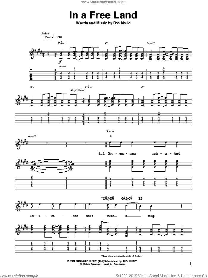 In A Free Land sheet music for guitar (tablature, play-along) by Husker Du and Bob Mould, intermediate skill level