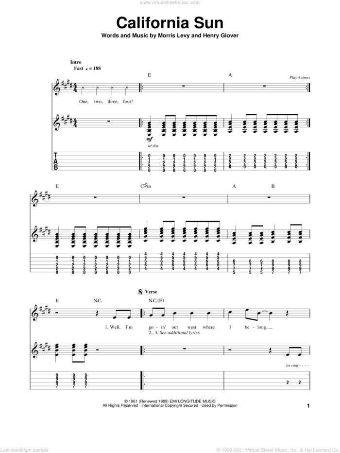 California Sun sheet music for guitar (tablature, play-along) by Henry Glover, Ramones, The Ramones, The Rivieras and Morris Levy, intermediate skill level