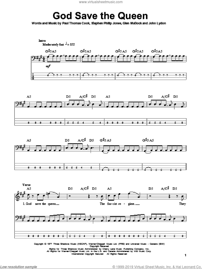 God Save The Queen sheet music for bass (tablature) (bass guitar) by Sex Pistols, Glen Matlock, John Lydon, Paul Thomas Cook and Steve Jones, intermediate skill level