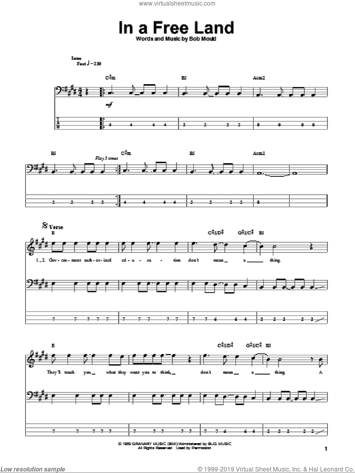 In A Free Land sheet music for bass (tablature) (bass guitar) by Husker Du and Bob Mould, intermediate skill level