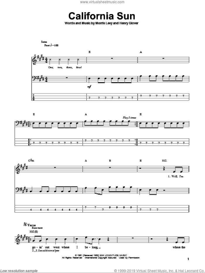 California Sun sheet music for bass (tablature) (bass guitar) by Henry Glover, Ramones, The Ramones, The Rivieras and Morris Levy, intermediate skill level