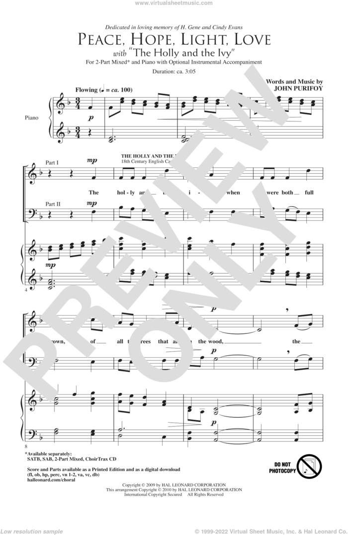 Peace, Hope, Light, Love (with The Holly And The Ivy) sheet music for choir (2-Part) by John Purifoy, intermediate duet