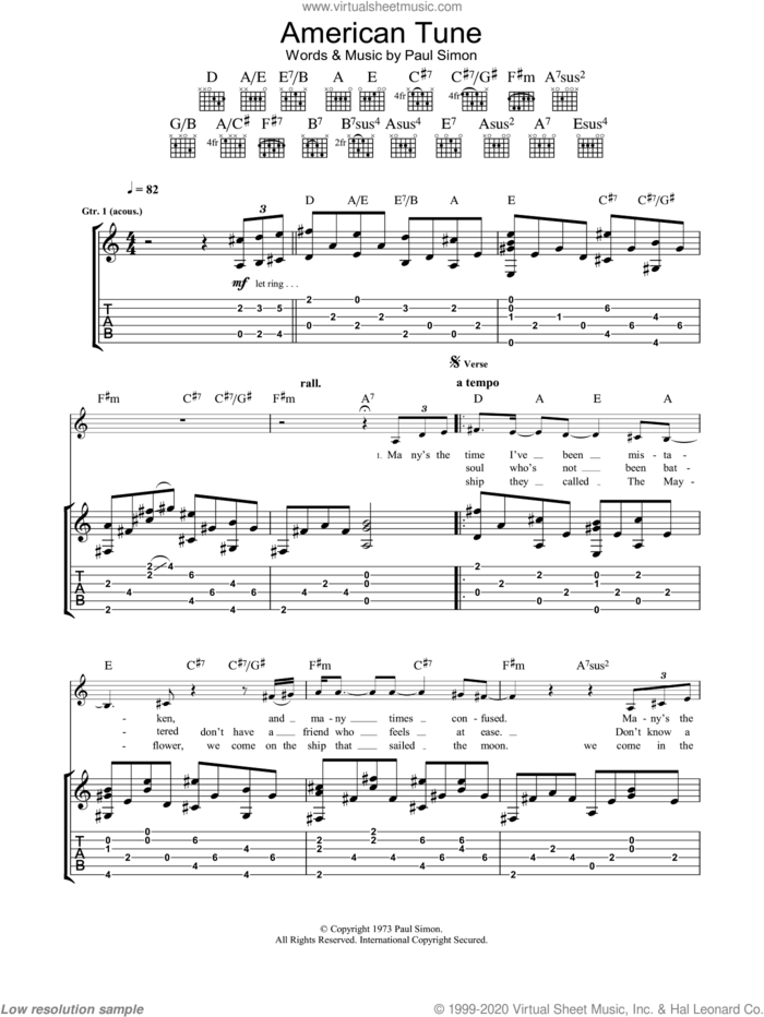 American Tune sheet music for guitar (tablature) by Eva Cassidy and Paul Simon, intermediate skill level