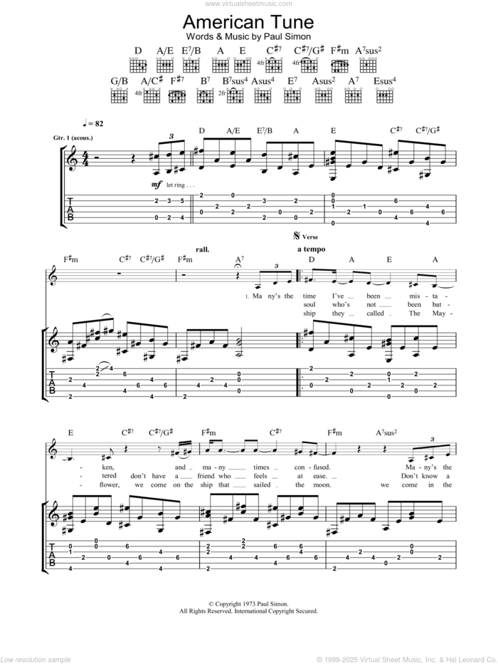 American Tune sheet music for guitar (tablature) by Eva Cassidy and Paul Simon, intermediate skill level