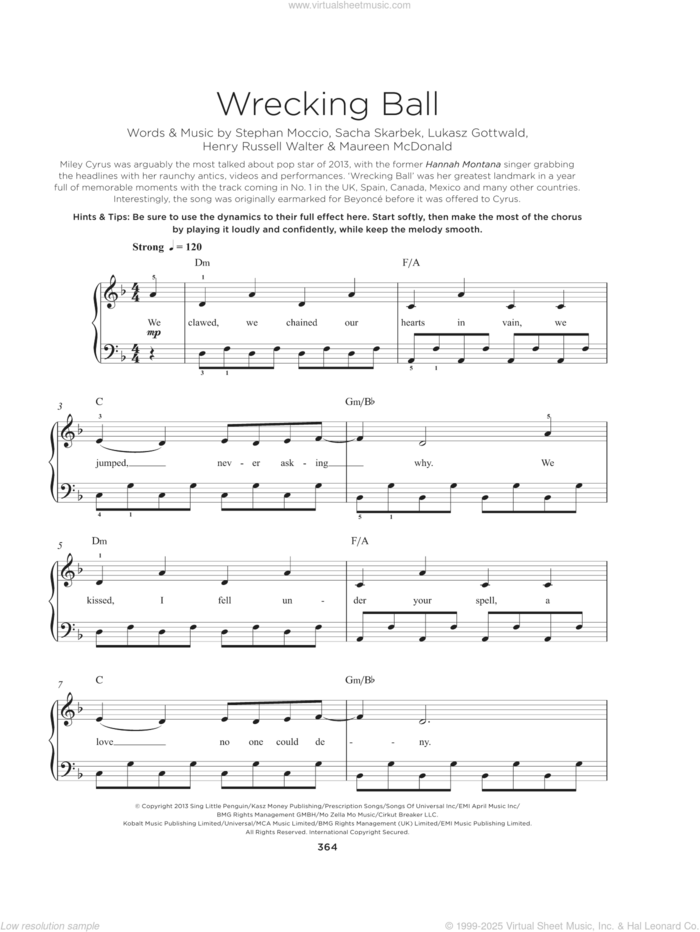 Wrecking Ball sheet music for piano solo by Miley Cyrus, Henry Walter, Lukasz Gottwald, Maureen McDonald, Sacha Skarbek and Stephan Richard Moccio, beginner skill level