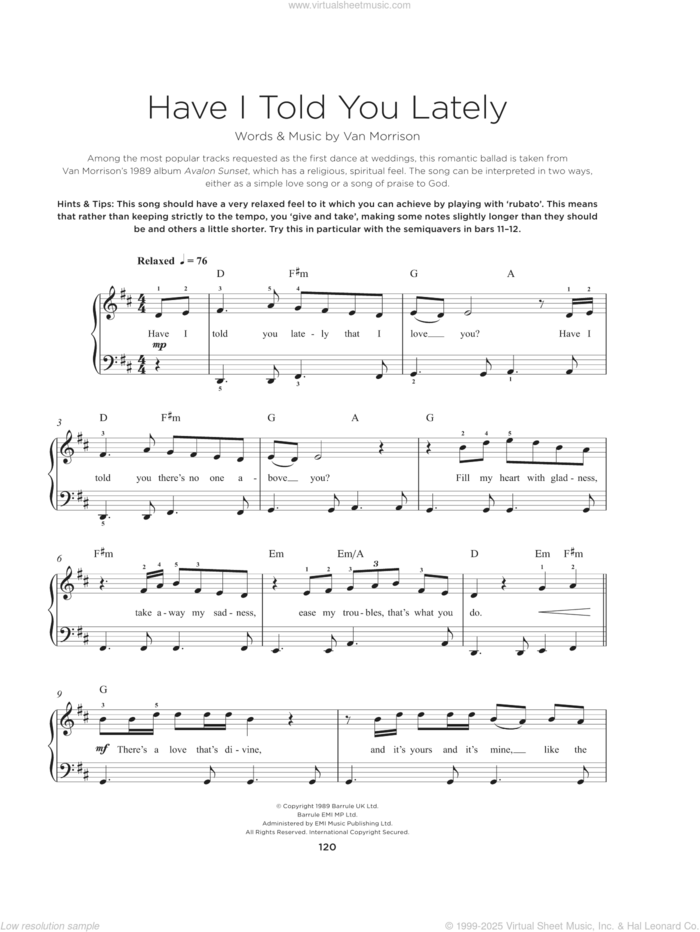 Have I Told You Lately sheet music for piano solo by Van Morrison, Emilio and Rod Stewart, beginner skill level