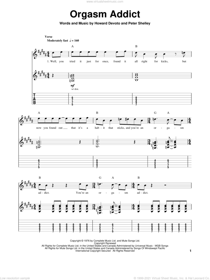 Orgasm Addict sheet music for guitar (tablature, play-along) by The Buzzcocks, Howard Devoto and Peter Shelley, intermediate skill level