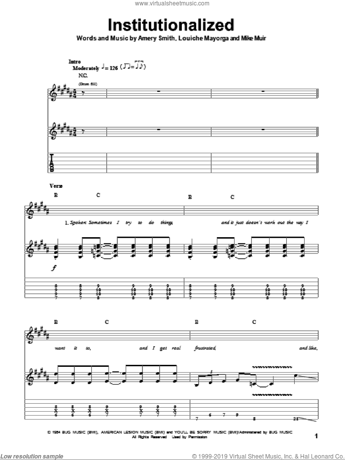 Institutionalized sheet music for guitar (tablature, play-along) by Suicidal Tendencies, Amery Smith, Louiche Mayorga and Mike Muir, intermediate skill level