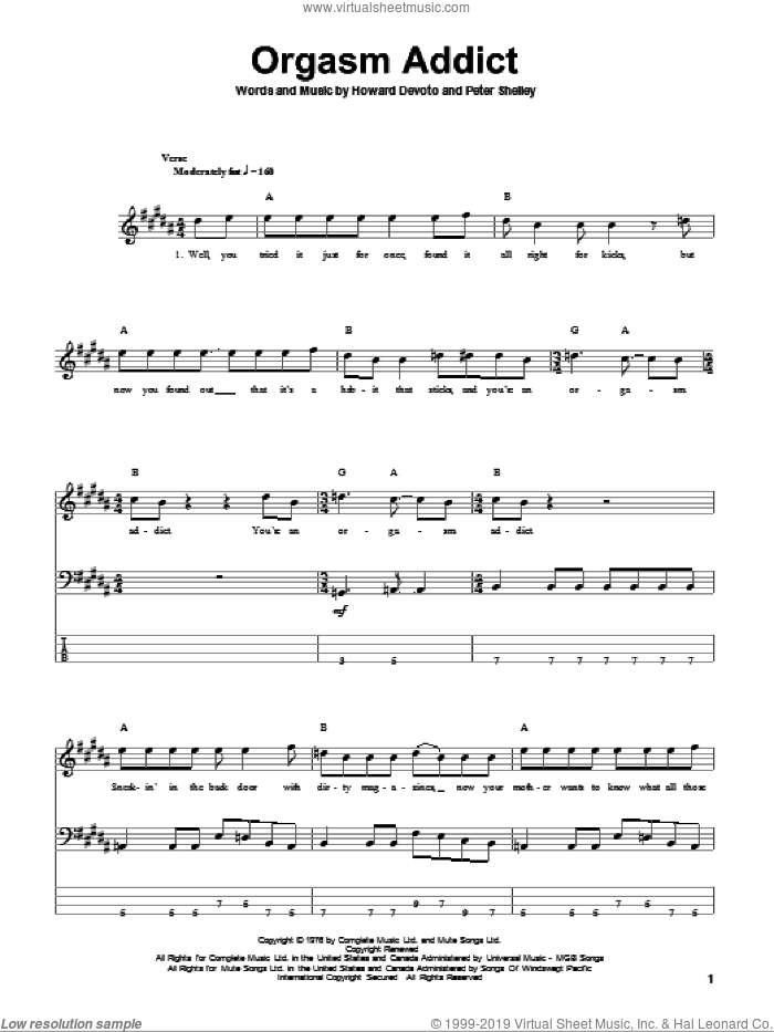 Orgasm Addict sheet music for bass (tablature) (bass guitar) by The Buzzcocks, Howard Devoto and Peter Shelley, intermediate skill level