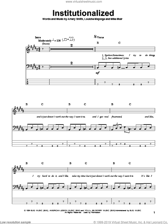 Institutionalized sheet music for bass (tablature) (bass guitar) by Suicidal Tendencies, Amery Smith, Louiche Mayorga and Mike Muir, intermediate skill level