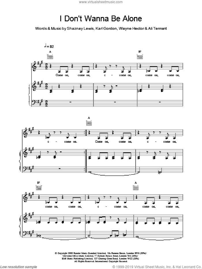 I Don't Wanna Be Alone sheet music for voice, piano or guitar by All Saints, Karl Gordon, Shaznay Lewis and Wayne Hector, intermediate skill level