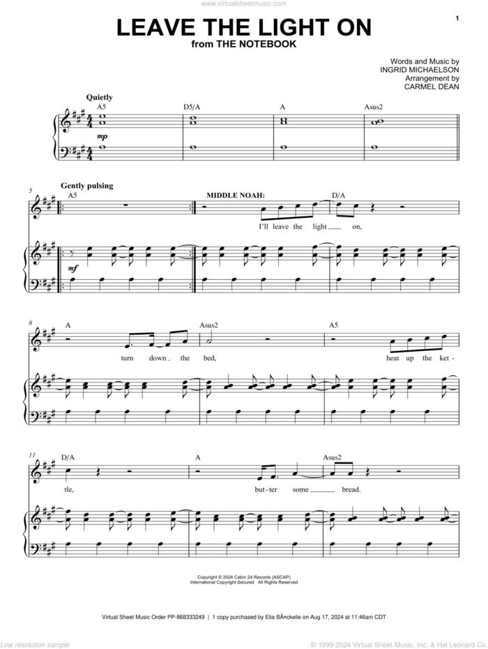 Leave the Light On (from The Notebook) sheet music for voice and piano by Ingrid Michaelson, intermediate skill level