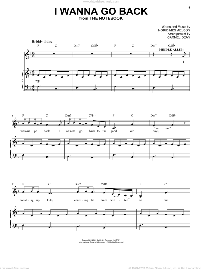 I Wanna Go Back (from The Notebook) sheet music for voice and piano by Ingrid Michaelson, intermediate skill level