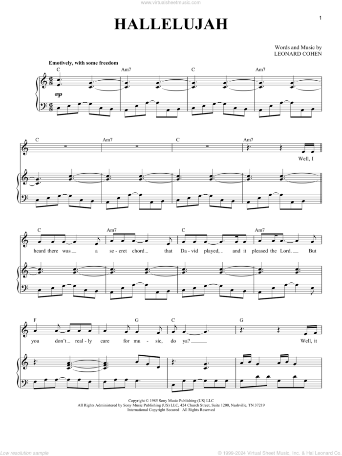 Hallelujah sheet music for voice and piano by Jeff Buckley, Andrea Bocelli, Lee DeWyze and Leonard Cohen, intermediate skill level