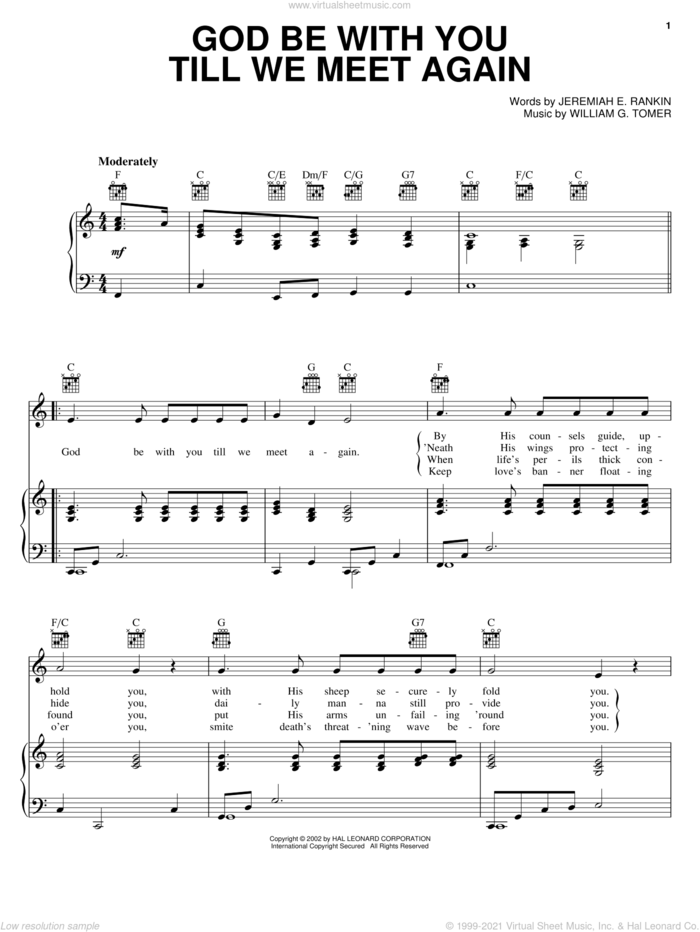 God Be With You Till We Meet Again sheet music for voice, piano or guitar by Jeremiah E. Rankin and William G. Tomer, intermediate skill level