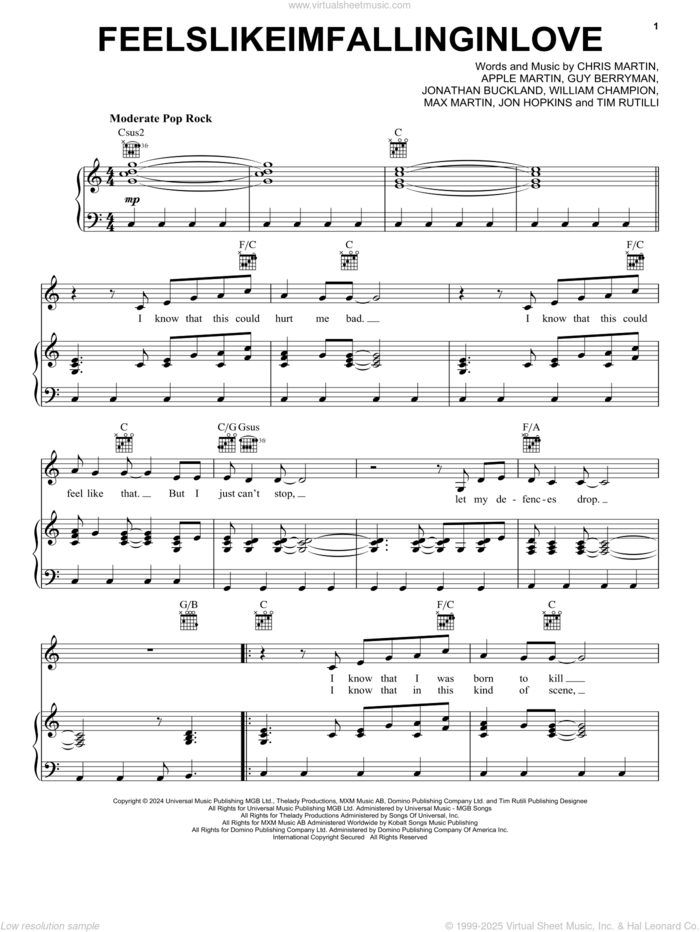 feelslikeimfallinginlove sheet music for voice, piano or guitar by Coldplay, Apple Martin, Chris Martin, Guy Berryman, Jon Buckland, Jon Hopkins, Max Martin, Tim Rutili and Will Champion, intermediate skill level