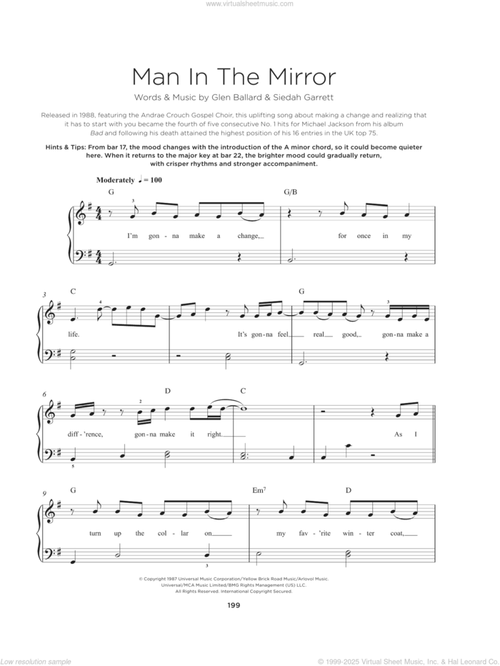 Man In The Mirror sheet music for piano solo by Michael Jackson, Glen Ballard and Siedah Garrett, beginner skill level