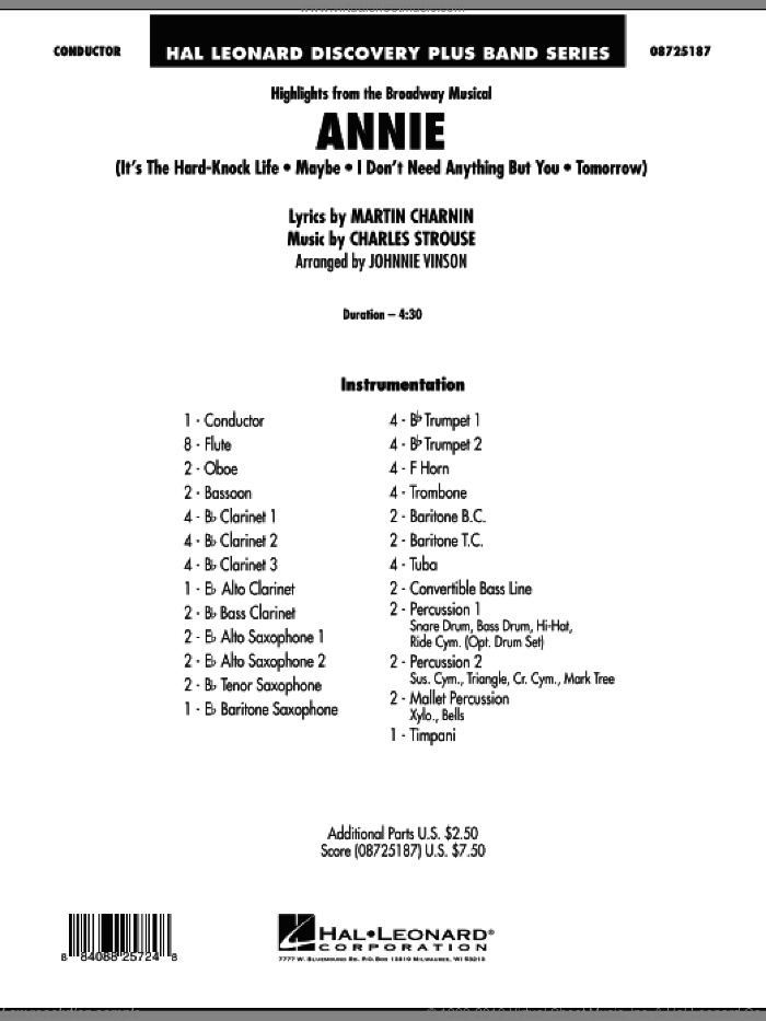 Highlights from Annie (COMPLETE) sheet music for concert band by Johnnie Vinson, Charles Strouse and Martin Charnin, intermediate skill level