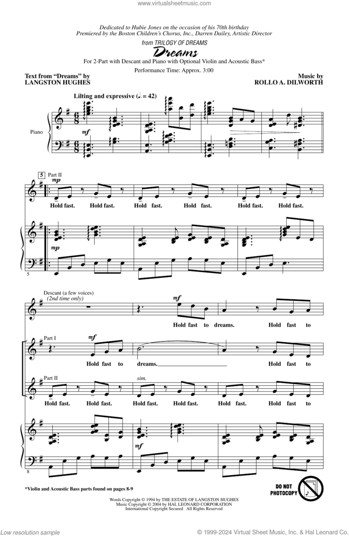 Dreams (from Trilogy Of Dreams) sheet music for choir (2-Part) by Rollo Dilworth and Langston Hughes, intermediate duet
