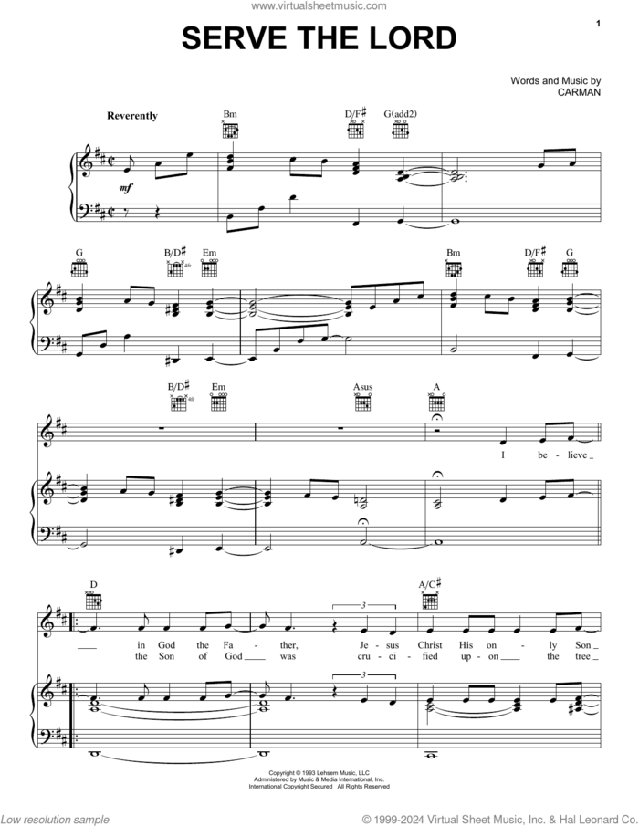 Serve The Lord sheet music for voice, piano or guitar by Carman, intermediate skill level