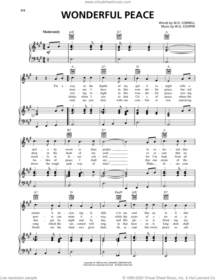 Wonderful Peace sheet music for voice, piano or guitar by W.D. Cornell and W.G. Cooper, intermediate skill level