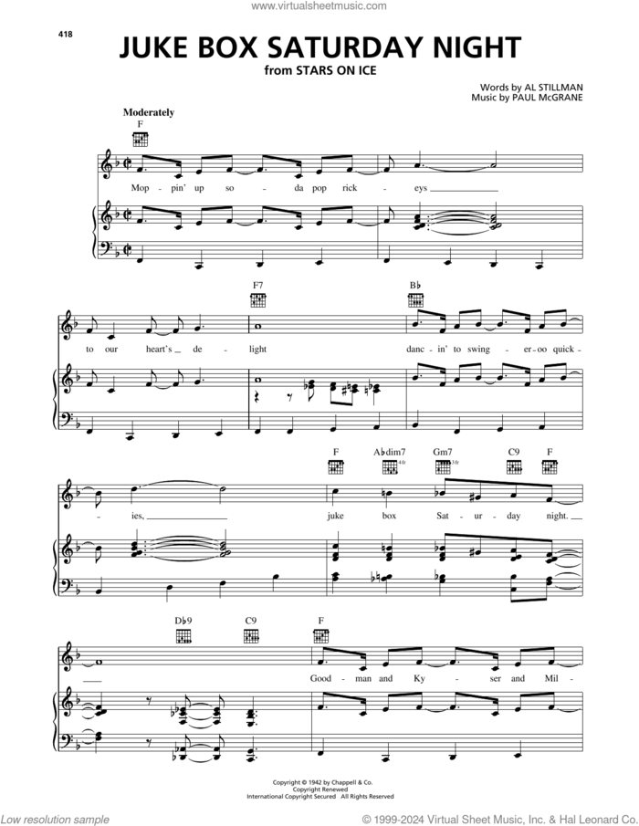 Juke Box Saturday Night sheet music for voice, piano or guitar by Glen Miller, Al Stillman and Paul McGrane, intermediate skill level