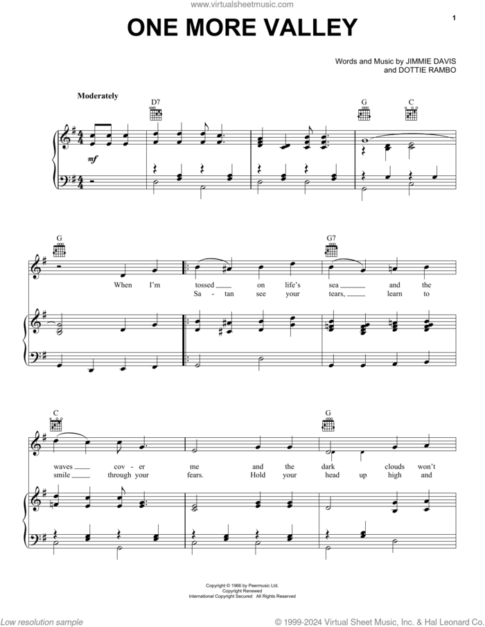 One More Valley sheet music for voice, piano or guitar by The Rambos, Dottie Rambo and Jimmie Davis, intermediate skill level