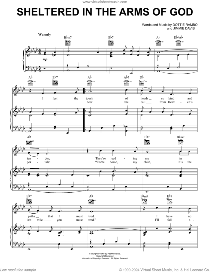 Sheltered In The Arms Of God sheet music for voice, piano or guitar by Dottie Rambo and Jimmie Davis, intermediate skill level