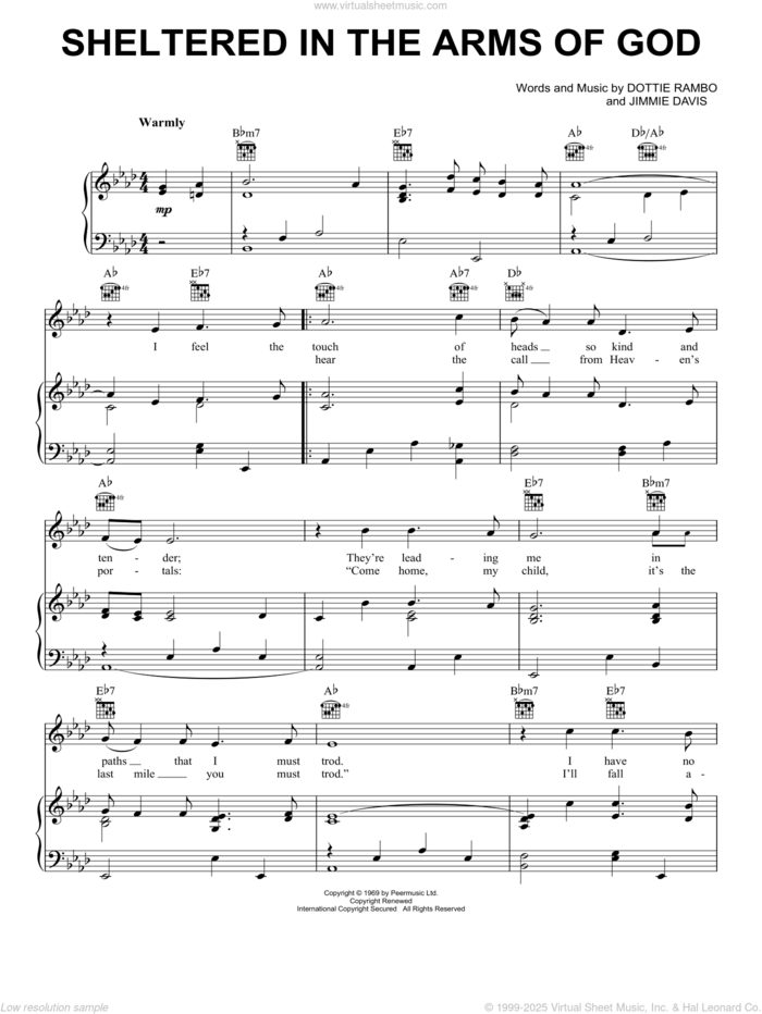 Sheltered In The Arms Of God sheet music for voice, piano or guitar by Dottie Rambo and Jimmie Davis, intermediate skill level