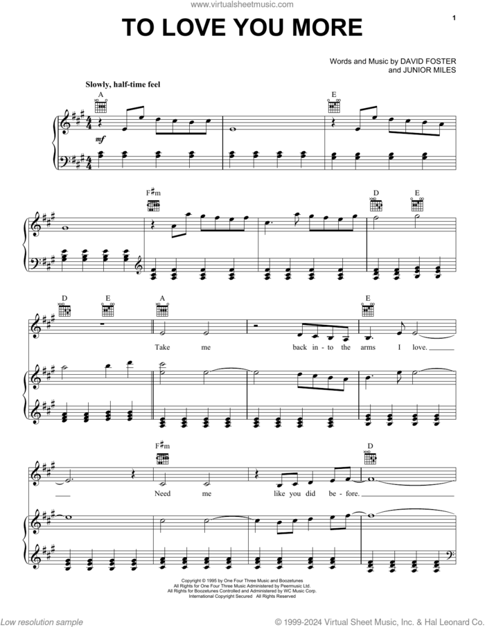 To Love You More sheet music for voice, piano or guitar by Celine Dion, David Foster and Junior Miles, wedding score, intermediate skill level