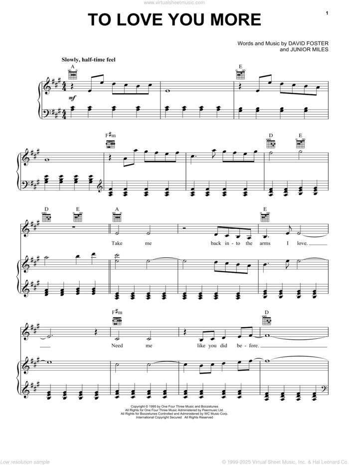 To Love You More sheet music for voice, piano or guitar by Celine Dion, David Foster and Junior Miles, wedding score, intermediate skill level