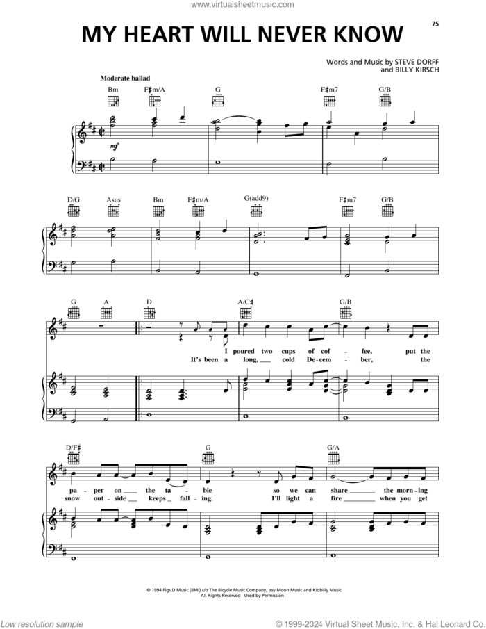 My Heart Will Never Know sheet music for voice, piano or guitar by Clay Walker, Billy Kirsch and Steve Dorff, intermediate skill level