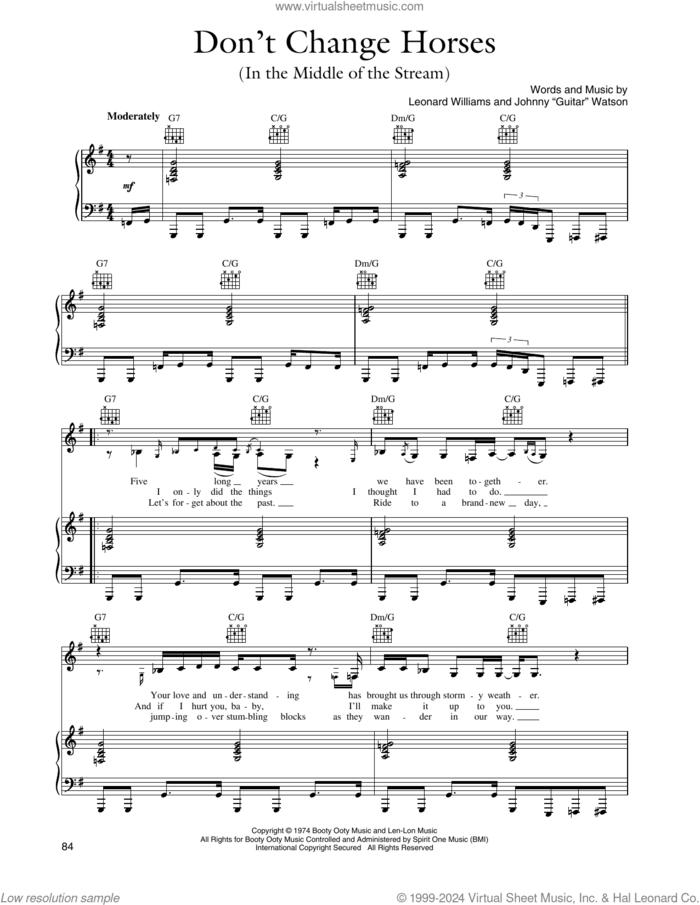 Don't Change Horses (In The Middle Of The Stream) sheet music for voice, piano or guitar by Tower Of Power, Johnny 'Guitar' Watson, Johnny Watson and Leonard Williams, intermediate skill level