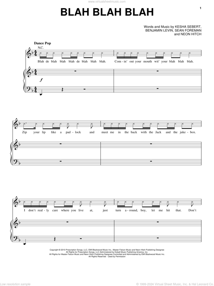 Blah Blah Blah sheet music for voice, piano or guitar by Kesha, Benjamin Levin, Kesha Sebert, Neon Hitch and Sean Foreman, intermediate skill level