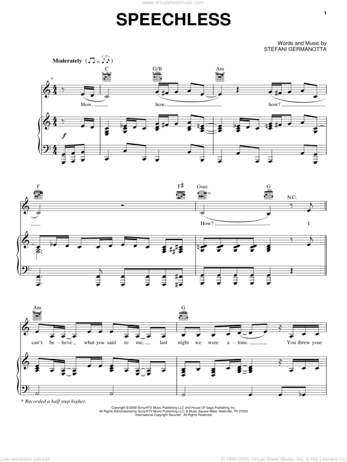 Speechless sheet music for voice, piano or guitar by Lady GaGa, intermediate skill level