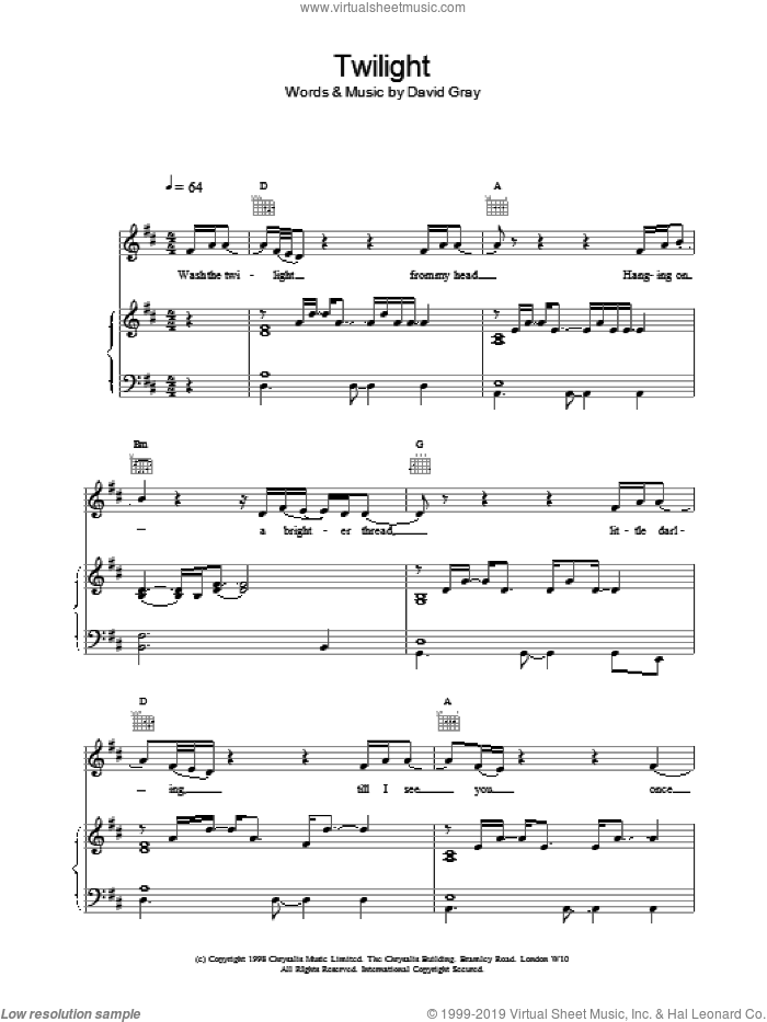 Twilight sheet music for voice, piano or guitar by David Gray, intermediate skill level