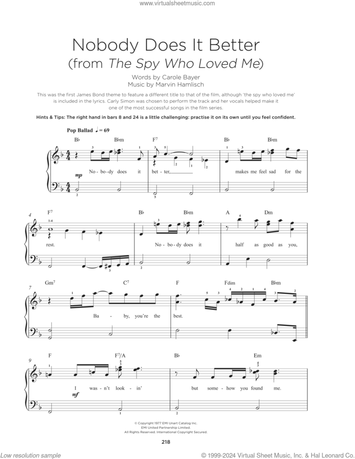 Nobody Does It Better sheet music for piano solo by Carly Simon, Carole Bayer Sager and Marvin Hamlisch, beginner skill level