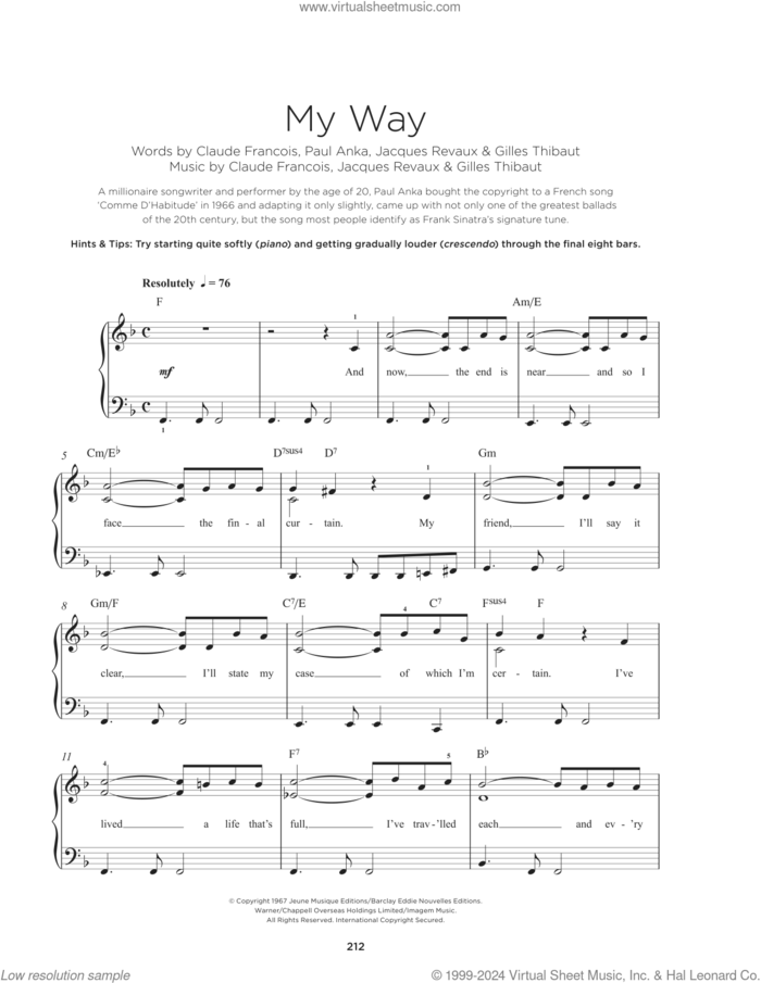My Way sheet music for piano solo by Frank Sinatra, Claude Francois, Gilles Thibault, Jacques Revaux and Paul Anka, beginner skill level