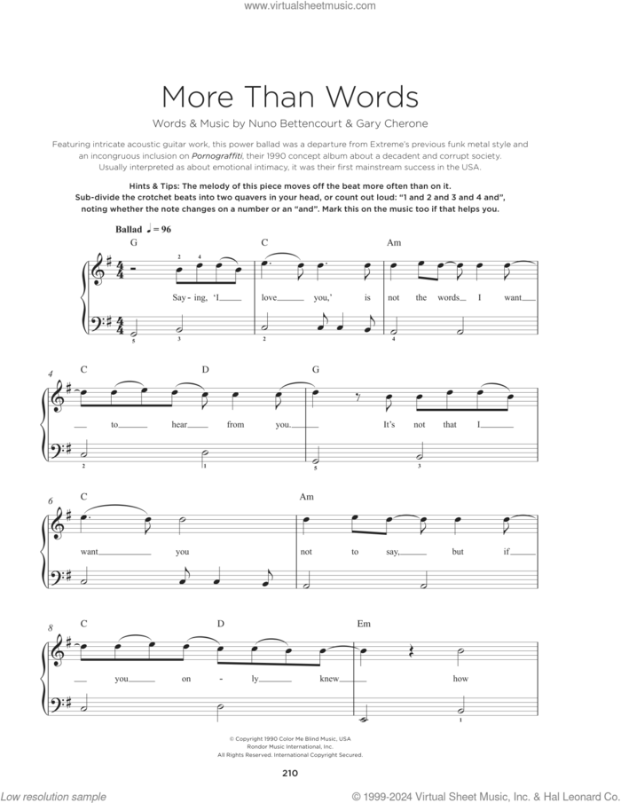 More Than Words sheet music for piano solo by Extreme, Gary Cherone and Nuno Bettencourt, beginner skill level